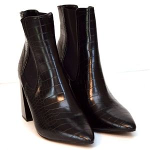 Steven New York Ankle Boots Chunky Block Heels Black Size 9M Pointed Toe Croc